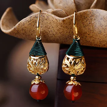 

Chinese Style Earrings Long Pendant Gold-Plated Agate Earrings National Wind Creative Tie Line Retro Accessories