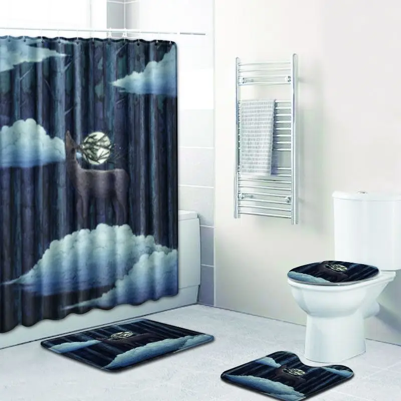 Zeegle Cartoon Bathroom Mat Set Shower Curtain with Toilet Seat Cover Bath Floor Rug Anti-slip Soft Mat Bathroom Accessories