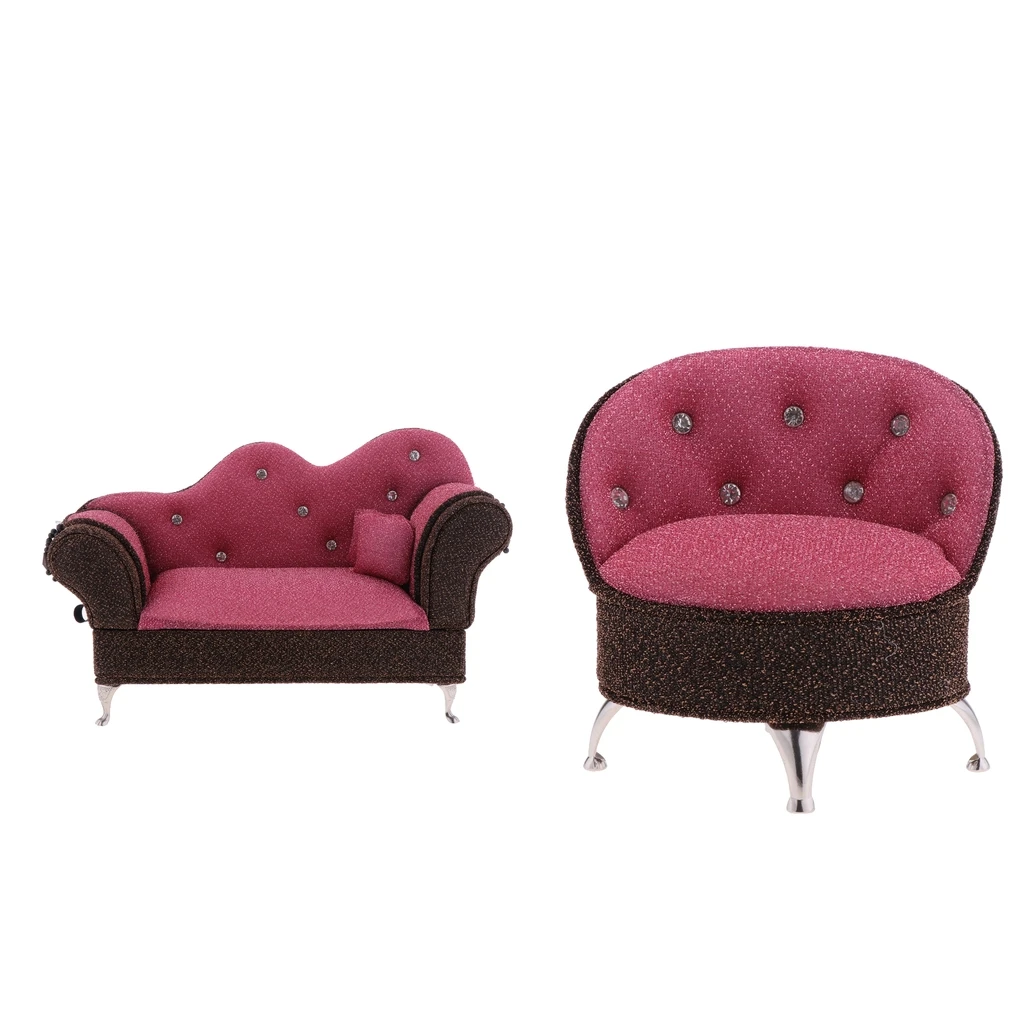 2pcs 1/6 Dollhouse Living Room Furniture Chaise & Single Sofa Set Jewelry Box Accessory