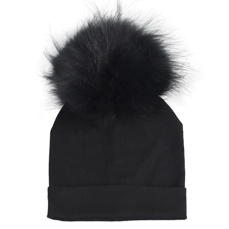 Мягкие теплые хлопковые шапочки Skullies Beanies для новорожденных мальчиков, Детские хлопковые шапочки с помпоном из натурального меха для девочек - Цвет: Black Black