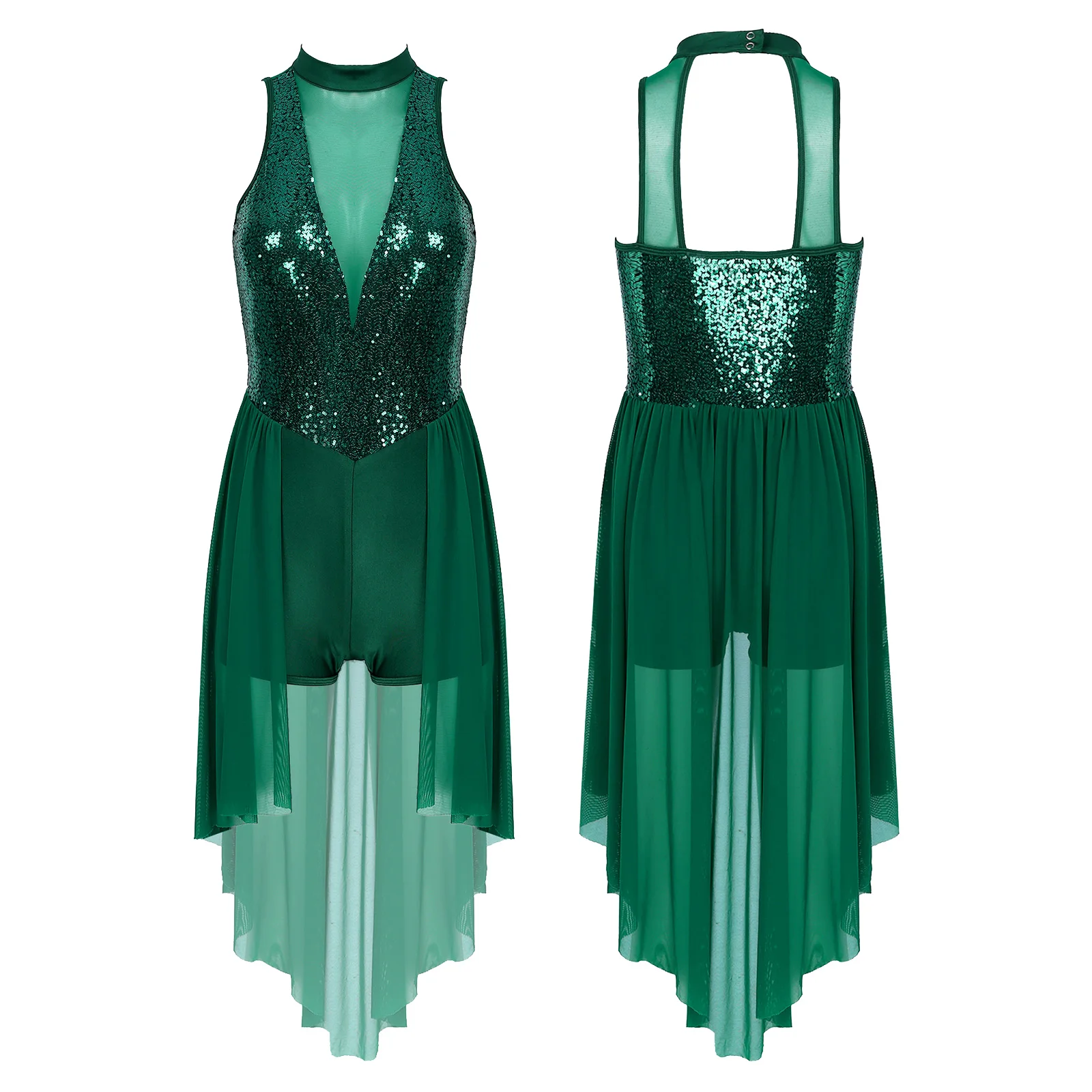 thumbnail image 1 of Mono ajustado con lentejuelas brillantes para mujer, vestido tutú con cuello simulado, falda de malla, leotardo, Ropa de baile, gimnasia, Ballet, traje de baile lírico, 1 of 5