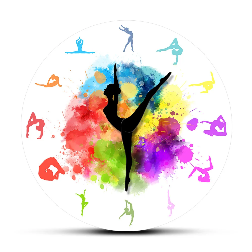Gymnastics Girls Colorful Printed Wall Clock Sports Home Decor Gymnast Moving Clock Hands Decorative Wall Watch For Girls Room Just6F