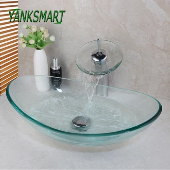 

YANKSMART Oval Transparemt Washroom Basin Vessel Vanity Sink Bathroom Mixer Tempered Glass Basin Washbasin Faucet Set w/ Drain