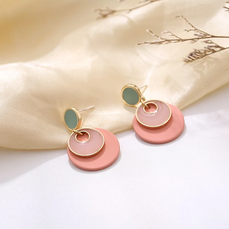 

2020 New Sweet Pink Enmale Double Round Drop Earrings For Women Geometric Dangle Acrylic Earring Big Fashion Jewelry