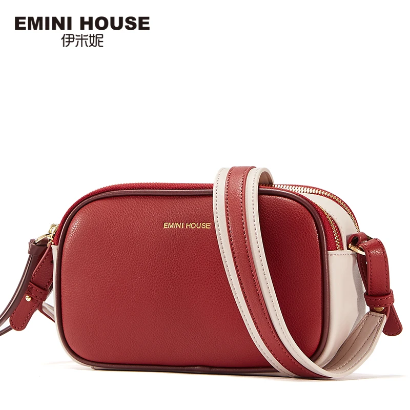 EMINI HOUSE, женская сумка с зернистой текстурой личи, с клапаном, спилок, со вставками, в полоску, сумки через плечо для женщин, двойная молния, женские сумки-мессенджеры - Цвет: Wine Red