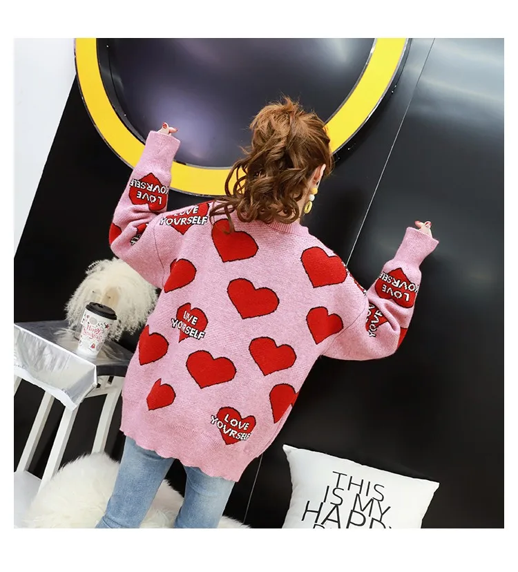 Letter Heart Oversized Sweater Women Knitted Winter Jumper Korean Harajuku Elegant Pullovers Casual Clothes Warm Loose V901