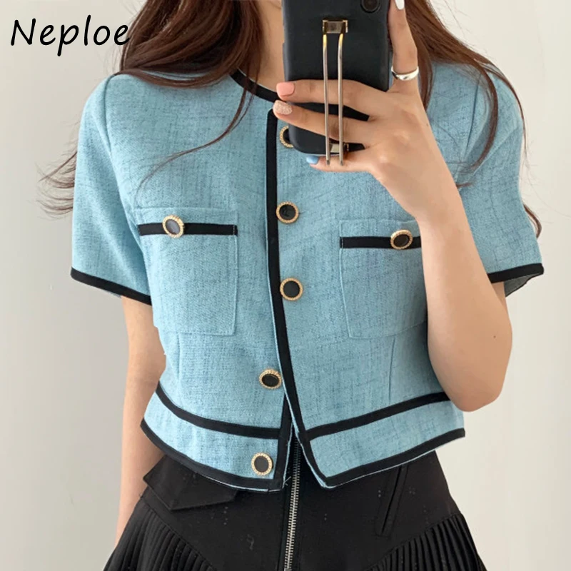 Neploe Chaqueta de oficina para mujer, ropa coreana elegante con cuello  redondo, abrigo de una sola botonadura, Color de contraste, Tops cortos  finos 1F163|chaquetas básicas| - AliExpress