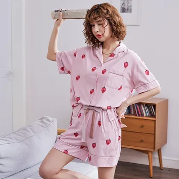 

Summer Pajamas Sets Women Strawberry 100% Cotton Cartoon Fashion Women Short Sleeve Sleepwear Suit 2 Piece Sexy Home Lounge Gift