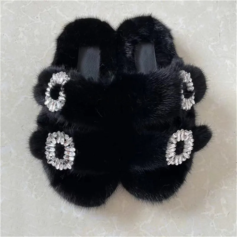 Women Summer Furry Mink Fur Slippers Flat Non-slip Solid Real Fur Slides Fluffy Slippers Ladies Shoes Woman Outdoor Slipper