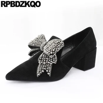 

pumps slip on fashion shoes 2019 luxury women block pointed toe thick chunky high heels black bow suede kawaii ladies medium