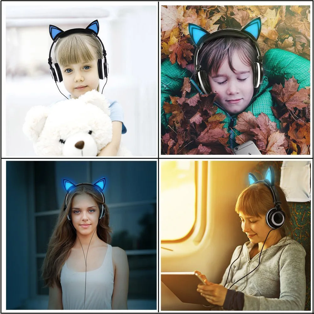 Cat Ear Wired Headphones Foldable Flashing Kids Gaming Headset Earphone With LED Light Earphone For PC Computer Mobile Phone