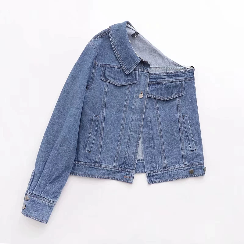 blue Модные один джинсовая с открытыми плечами куртка женские джинсовые куртки с карманами на пуговицах куртка-бомбер уличная жакет Женская верхняя одежда - Цвет: blue