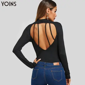 

YOINS Sexy Blackless Heart Cut Open Back Long Sleeve Blouse 2020 Women Autumn Winter Round Neck Shirts Party Dating Ladies Tops