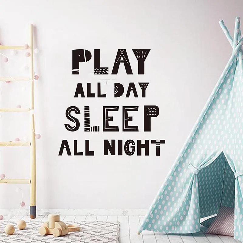 Scandinavian Play All Day Sleep All Tonight Wall Sticker Bedroom Kids Room Cartoon Play Sleep Quote Wall Decal Playroom Vinyl  (2)
