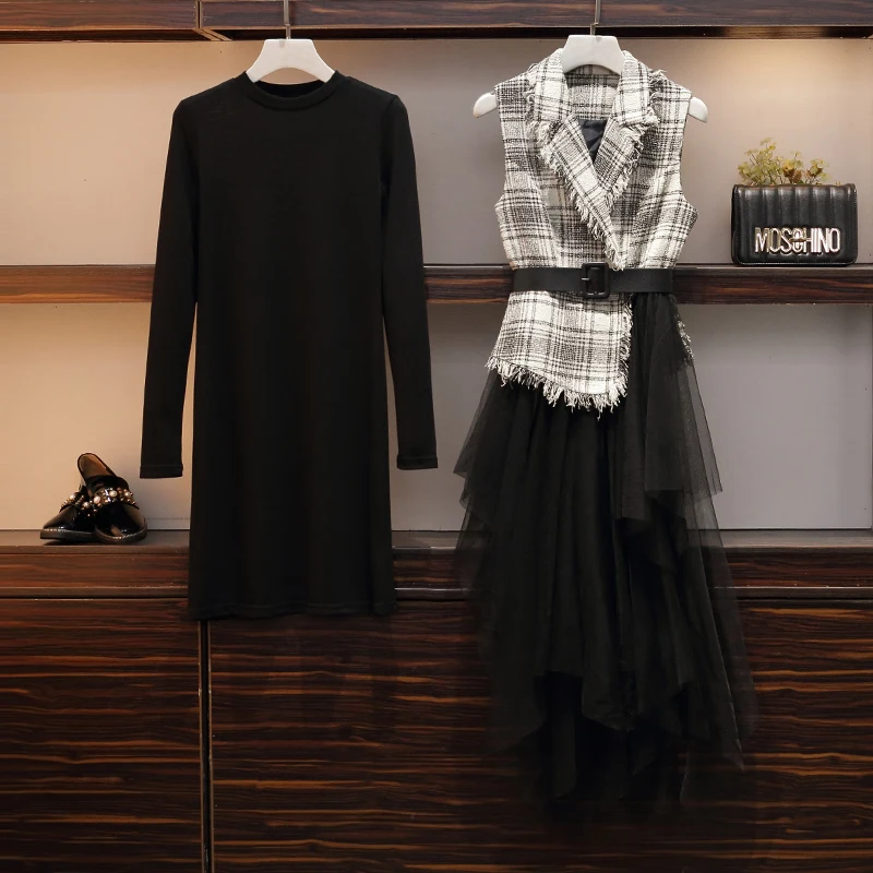 Размера плюс на осень-зиму Роскошные офисные женские туфли Сетчатое платье комплект элегантная облегающая юбка комплект из двух предметов с поясом для женщин