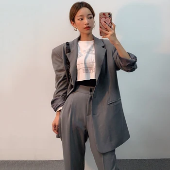 

KoreaElegantRetro Fold-down Collar Single Breasted Loose-Fit Suit Coat + High-waisted Wide-Leg Casual Trousers Trousers Women's