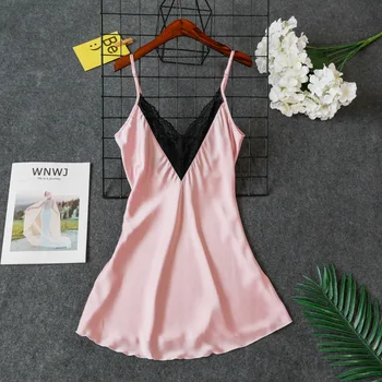 

FZSLCYIYI Sexy backless sling Nightgown ice silk V-neck lace Fashion Nightdress Nightwear for Women