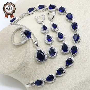 

Women Silver Color Jewelry Classic Blue Cubic Zirconia Long Earrings Rings/Bracelets/Pendant Necklace Set Free Gift Box