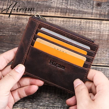 

Hiram Bussiness Credit Card Holder Crazy Horse Leather Card Wallets Small ID Card Case Slim Wallet for Men Zipper Coin Pocket