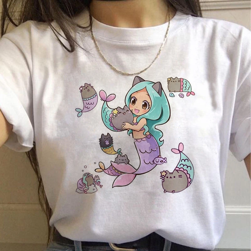 Kawaii Cat, женские футболки, Harajuku Ullzang, забавная футболка, 90 s, мультяшный принт, футболка, графический корейский стиль, топы, футболки, женская одежда