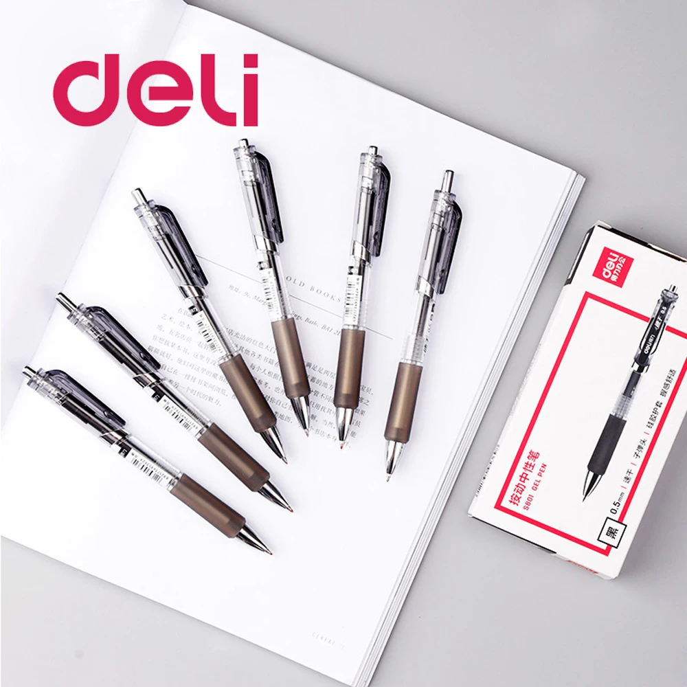

Deli 12PCS/PACK Quick drying Press Gel Pen Business Office Student Signature pen 0.5mm Bullet Refill Black Simple Writing Smooth