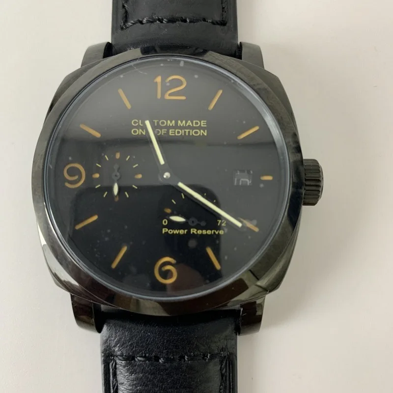 

Men's Watch 44mm Manual Winding Brushed Steel Case First Class Cowhide Leather Strap Military Watch Men's AAA8