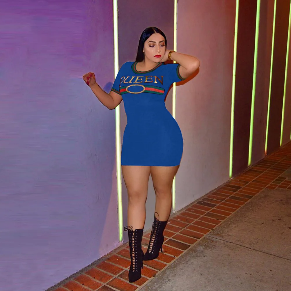 Womens Blue Round Neck Short sleeved Dress Queen Dresses Casual Elegant Sheath Slim Dress Shirt Bodycon Party Dresses Vestidos
