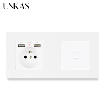 

UNKAS PC Plastic Panel French Standard Wall Socket with 2 USB Charge Port + RJ45 Internet Computer Connector Enchufe Pared USB
