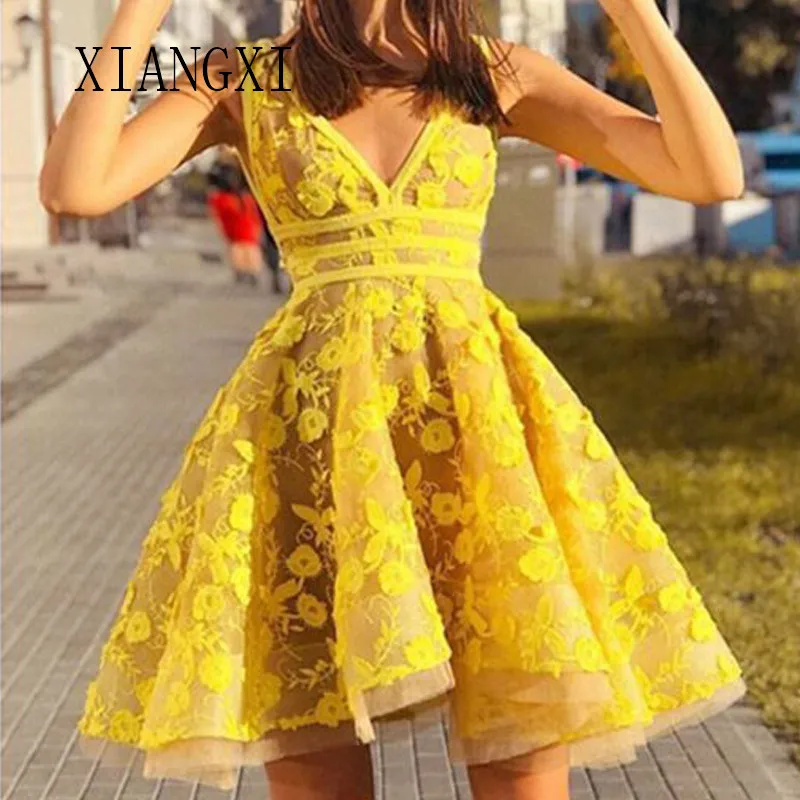 Vestido de festa, желтое платье для выпускного вечера,, v-образный вырез, без рукавов, прозрачные, выше колена, мини-Вечерние Платья