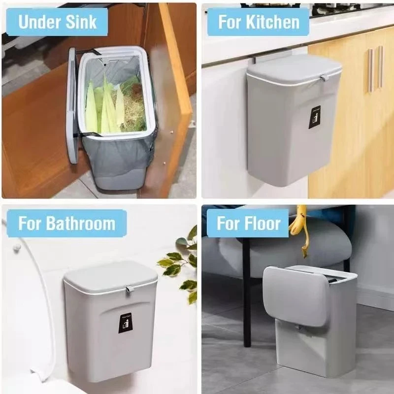 Cubo de basura de cocina montado en la pared, papelera de cocina de gran  capacidad con tapa, cubo de basura colgante para puerta de armario de baño,  7 l, 9L - AliExpress