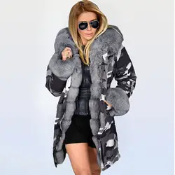 2019 модная зимняя одежда Для женщин длинное пальто камуфляжной расцветки с капюшоном большой меховой воротник хлопок из норкового меха