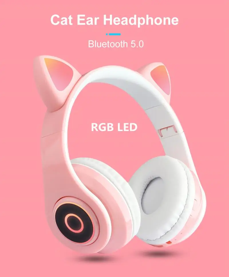 Bluetooth 5 0 Headphones Wireless Over Ear Cat Ear Headphones With LED Light Foldable Noise Cancelling Girls Kids Cute Headset