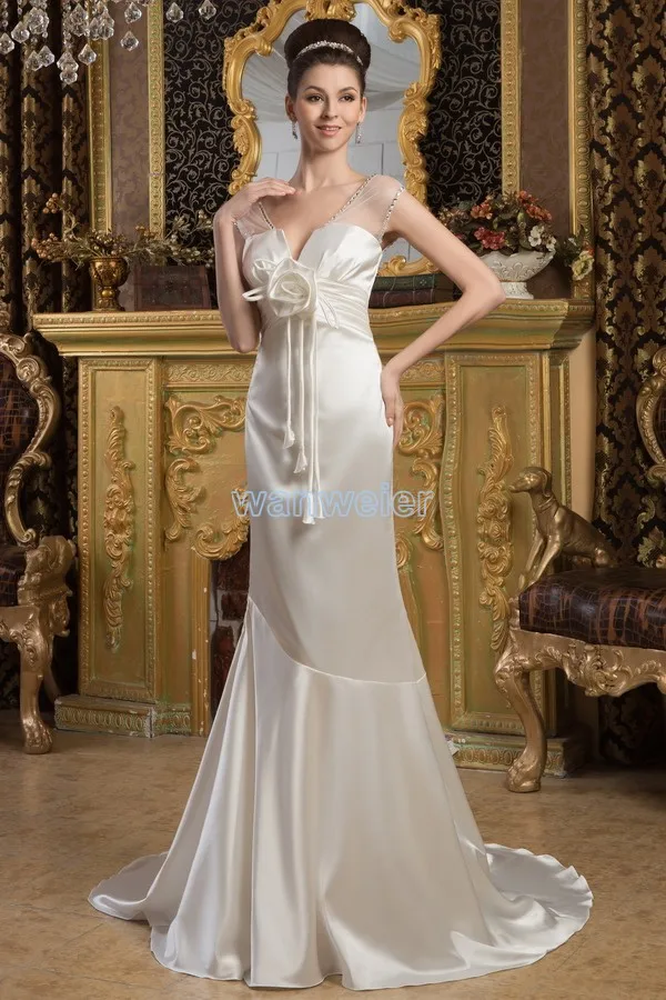 

free shipping 2016 design cap sleeve fashion handmde flwer mermaid small train custom size/color white/ivory Bridesmaid Dress