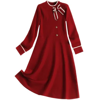 

2019 New Arrival Fashion Women Bow Knitted Sweater Dress Ladies Long Sleeve Spring Autumn Winter Slim A Line Dresses
