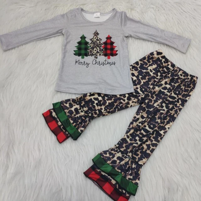 Best selling Christmas tree print girls outfit leopard bell pants set