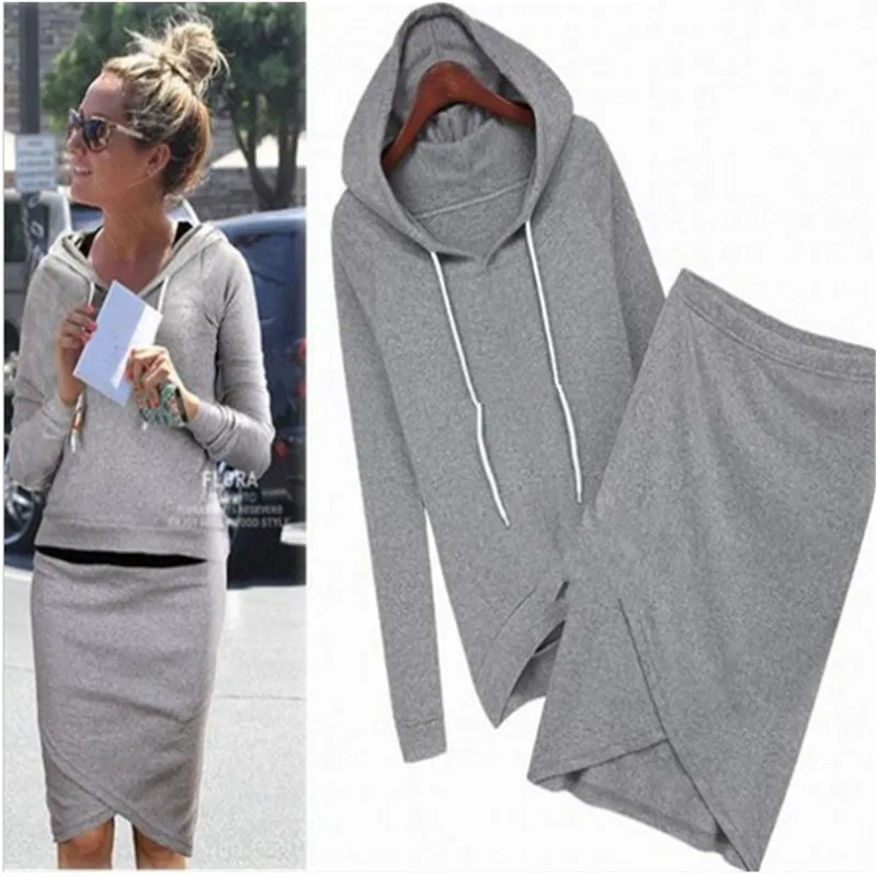 

2019 New Spring Autumn Hooded Women Two Sets Solid Casual Elastic Waist Irregular Knee-length Simple Two Set Long Sleeve