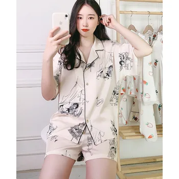 

Samwestart 2020 Ins Pajamas Women Summer satin Silk Short Sleeve Shorts Thin Cute Illustrator Two Piece Set dropshipping