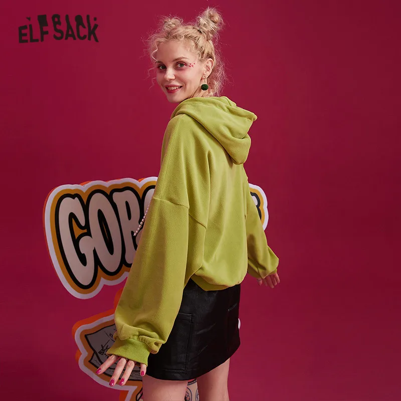 ELFSACK, розовый, однотонный, с принтом крысы, Повседневный, с капюшоном, женский свитер, зима, зеленый жемчуг, шнурок, корейский стиль, женские топы на каждый день