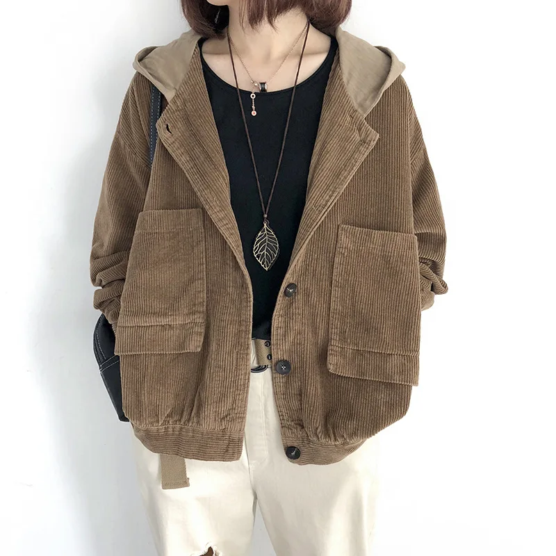 discount  Loose casual Corduroy Jackets Women Long Sleeve Solid color Jacket Coat Women Hooded Corduroy coat 