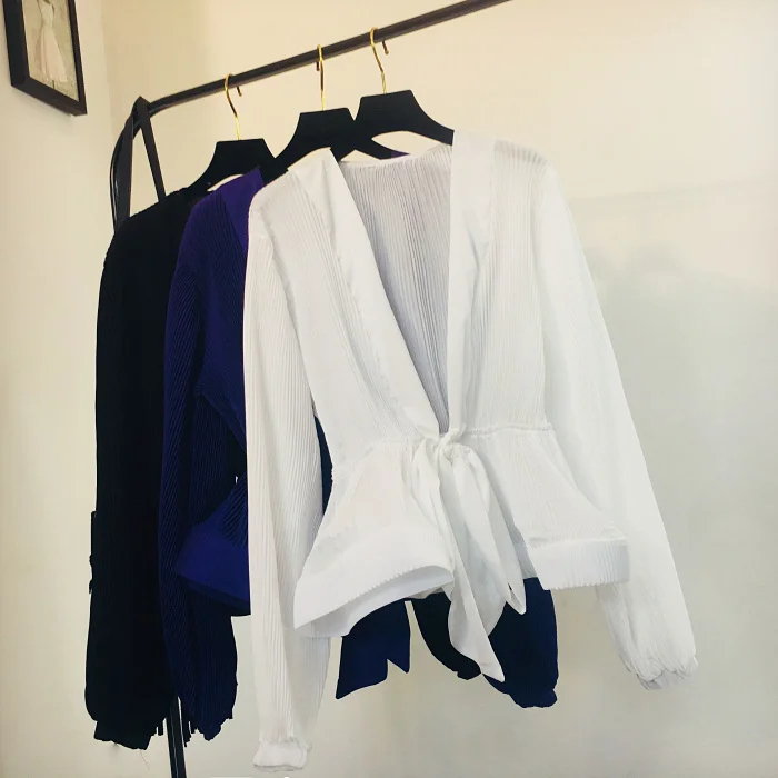 

2020 Spring Autumn Korean Temperament Loose Hedging V-neck Ruffled Waist Slimming Chiffon Long-sleeved Shirt Women's Shirt Tops