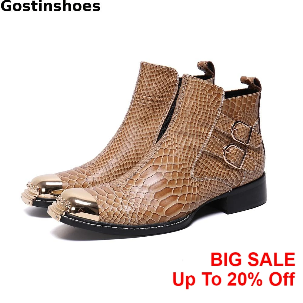 

Men Ankle Boots Snake Skin Pattern Printed Genuine Leather Men Short Work Boots Metal Captoe Pointed Side Zip Buckle Straps Boot