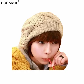 

CUHAKCI Winter Hat Ski Cap Wool Knitted Caps Fashion Women Lady Beret Braided Hats Baggy Beanie Crochet Warm Hat Free Shipping