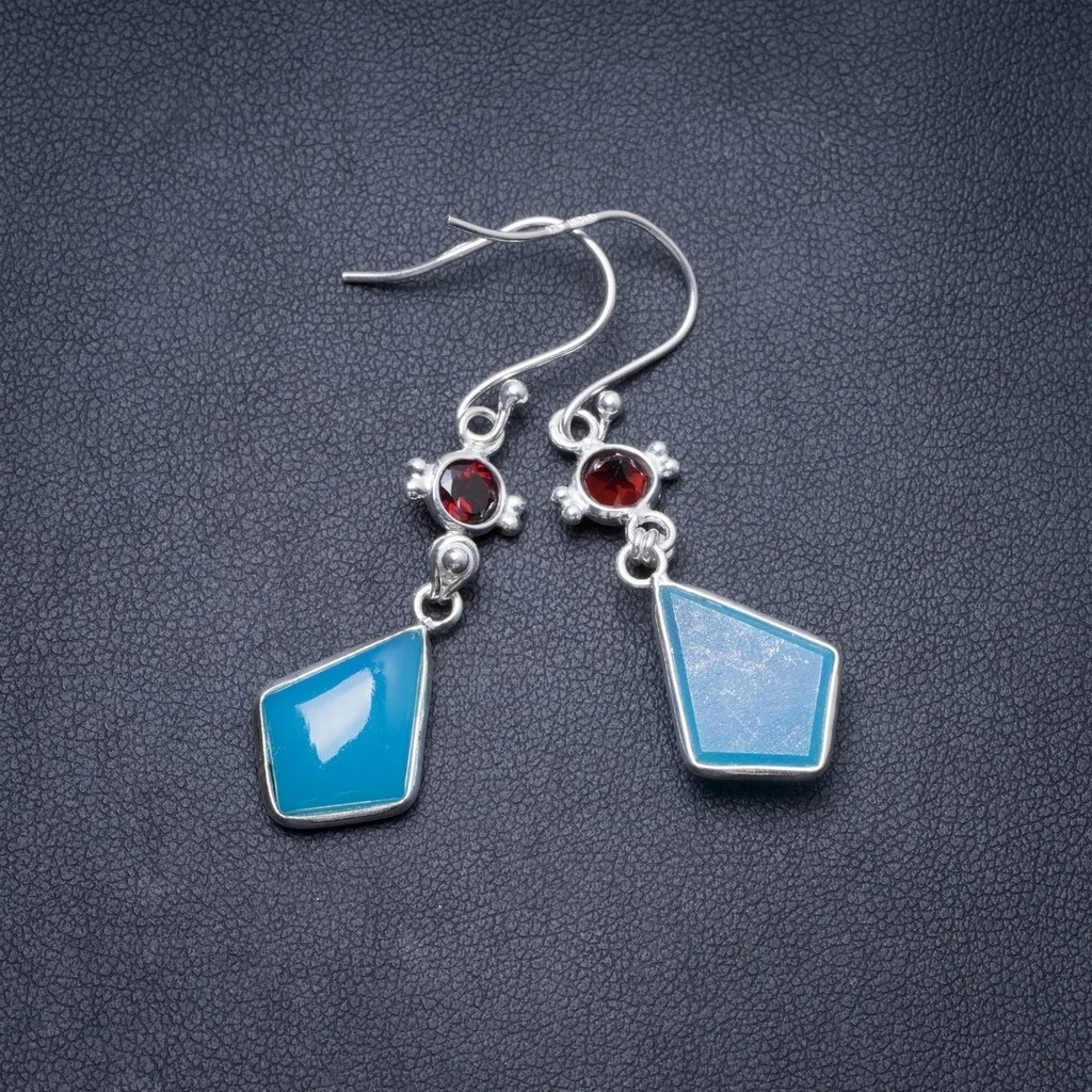 

Natural Chalcedony and Garnet Handmade Unique 925 Sterling Silver Earrings 2" Y3378
