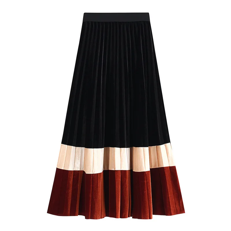 Осенне-зимние вельветовые длинные плиссированные юбки с цветным блоком полосатые лоскутные плиссированные трапециевидные длинные юбки-макси с металлическим рисунком
