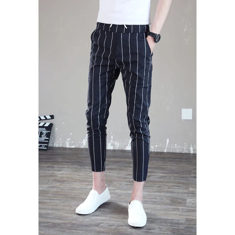 Брюки мужские в полоску эластичные Капри с небольшими штанинами тонкие леггинсы