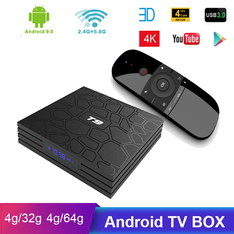 

TV Box Android 9.0 Dual WiFi Quad Core RK3318 4G32 4G64G Google HD TV 4K Bluetooth T9 Smart Set Top Boxes Youtube Media Player