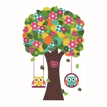 Kawaii Owls Tree Flower Wall Stickers Kids Room Decoration Nursery Cartoon Children Baby Home Decals Animals Mural Art