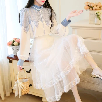 

2020 early spring new small fragrance wind top shirt shirt shirt + mesh skirt two-piece suit female skirt set