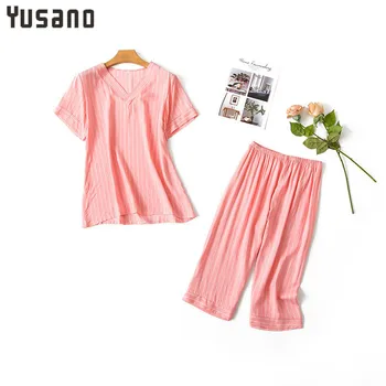 

Pajamas Set Spring and Summer Women's Cotton Pajamas Round Collar Suit Seven-sleeve Trousers Sleepwear Sets Pyjama for Female