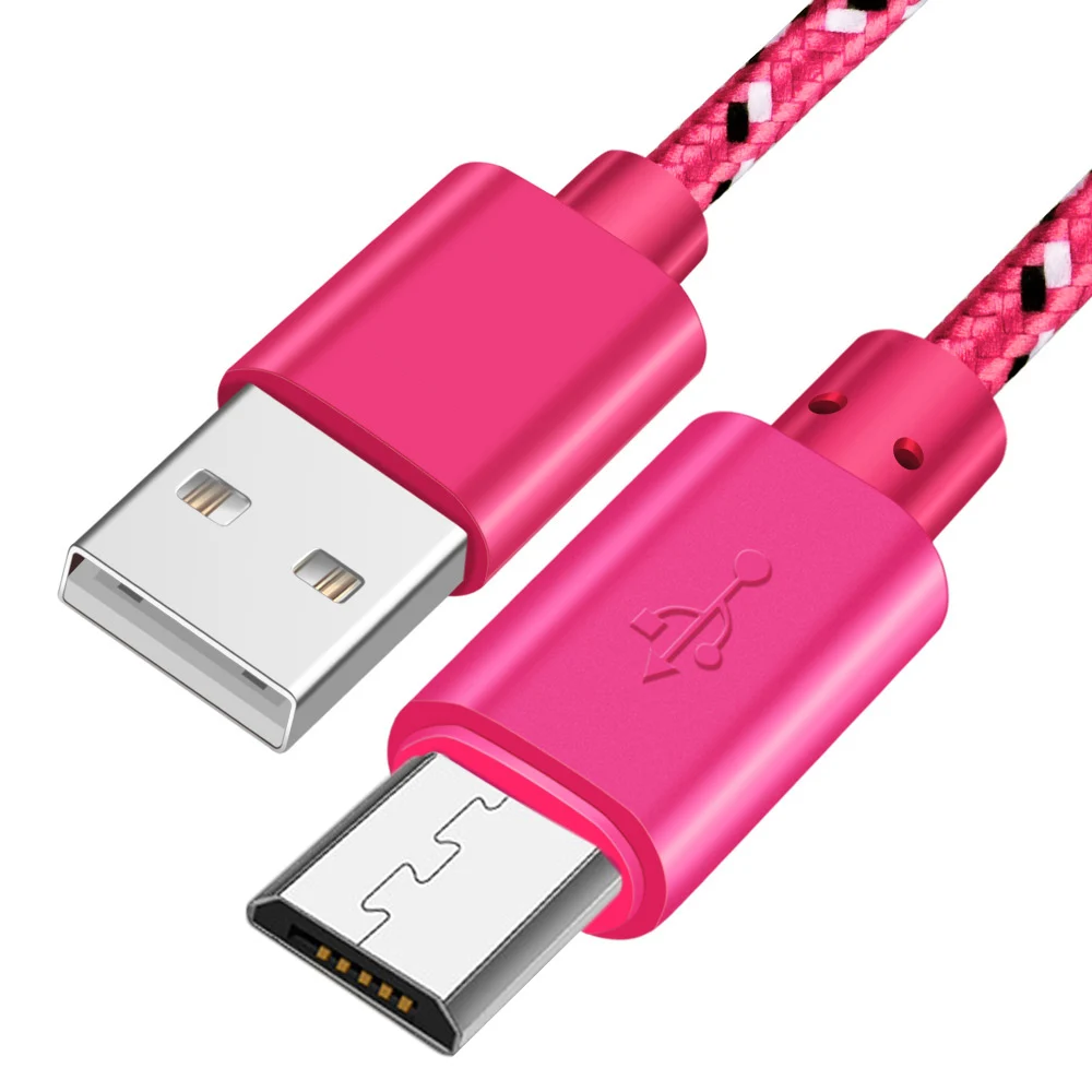 Нейлоновый Кабель Micro-USB в оплетке 0,5 м/1 м/2 м/3 м Синхронизация данных USB кабель зарядного устройства для samsung huawei Xiaomi планшет Android, телефон кабели - Цвет: Rose red Micro USB